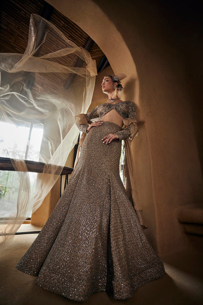 Mouse grey silk tissue fishcut lehnga with blouseand frill dupatta