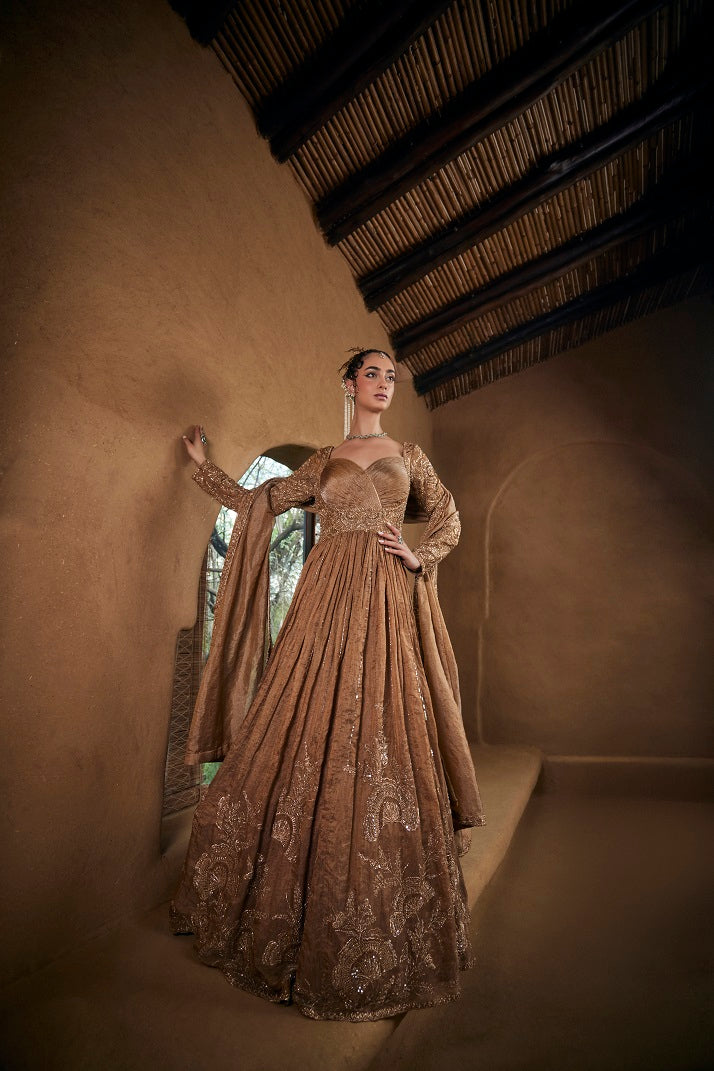 Beige gold tissue anarkali set with embroidered dupatta