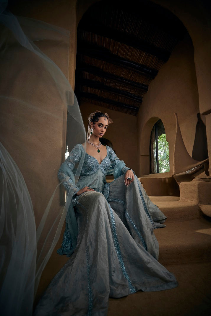 Powder blue silk tissue peplum top with sharara pants