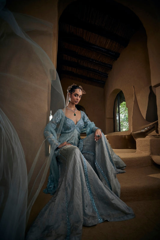 Powder blue silk tissue peplum top with sharara pants