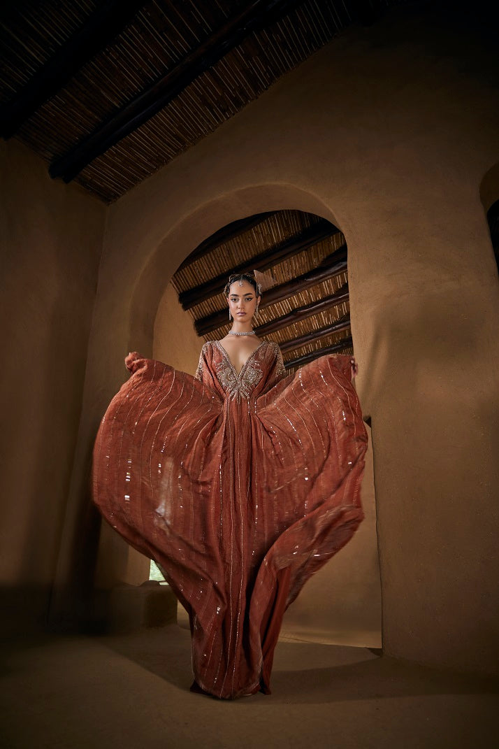 Copper silk tissue kaftan with a deep V neck and cold shoulder style sleeve