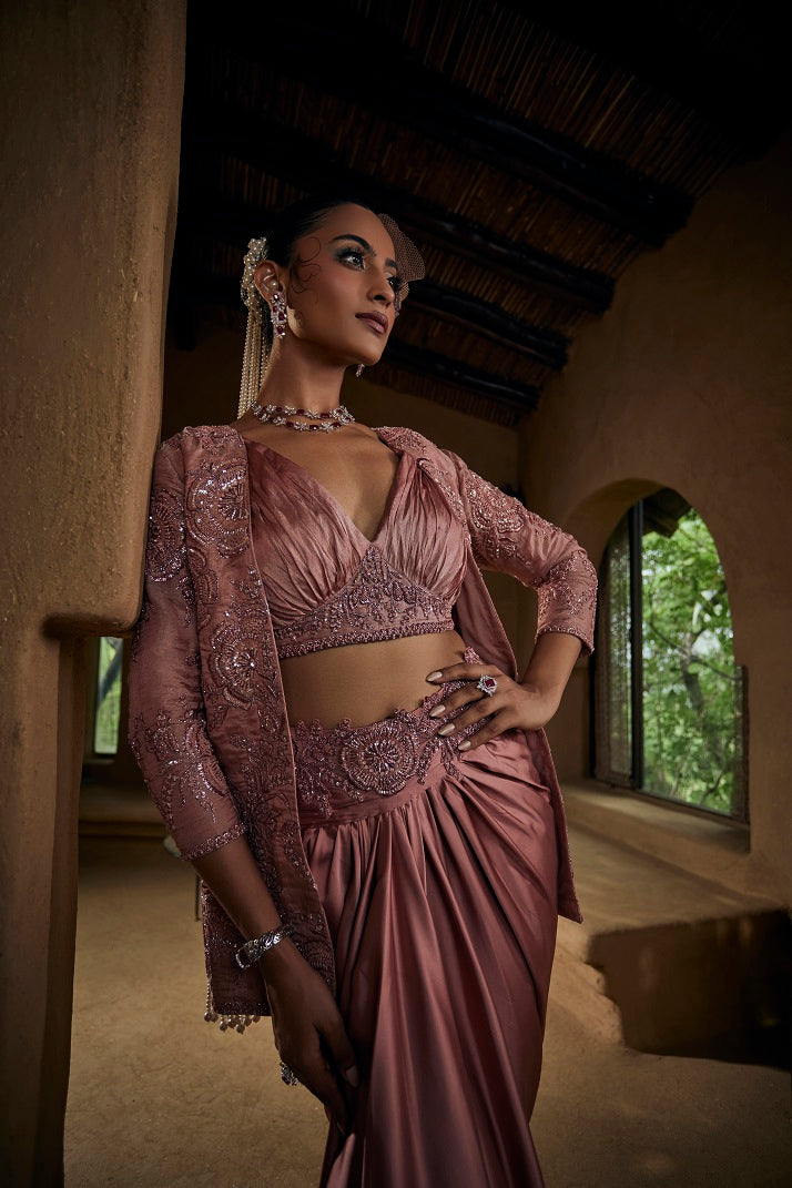 Rose gold silk tissue jacket with a rooshing blouse and satin drape skirt