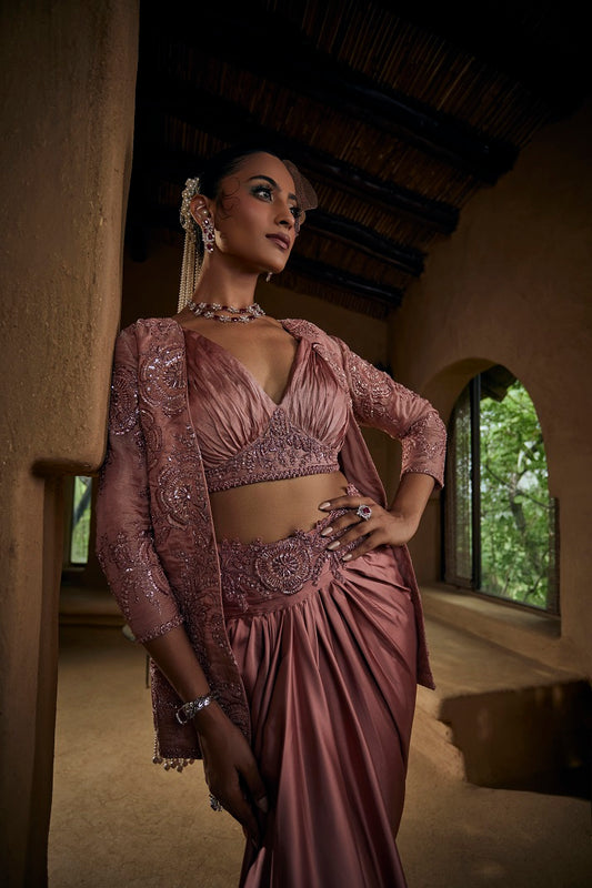 Rose gold silk tissue jacket with a rooshing blouse and satin drape skirt