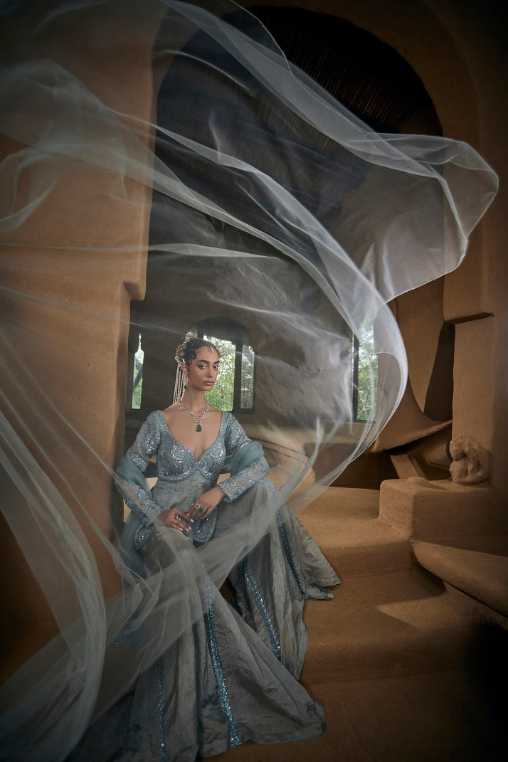 Powder blue silk tissue peplum top with sharara pants
