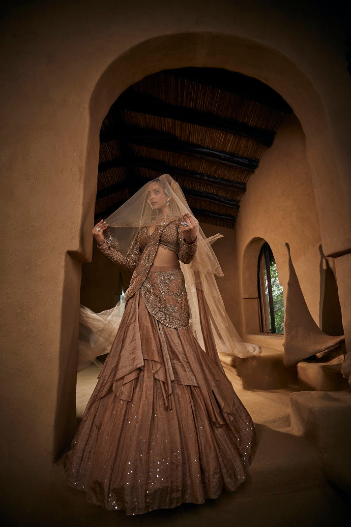 Beige gold tissue Lehnga sari set with blouse and pre draped embroidered dupatta