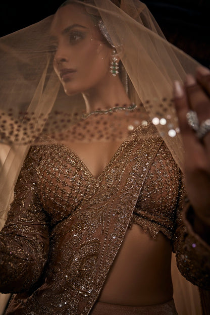 Beige gold tissue Lehnga sari set with blouse and pre draped embroidered dupatta