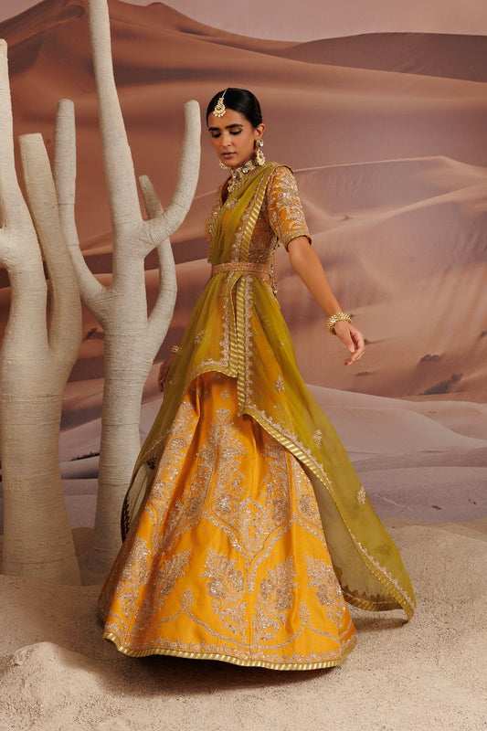 Organza yellow blouse and opada lehnga