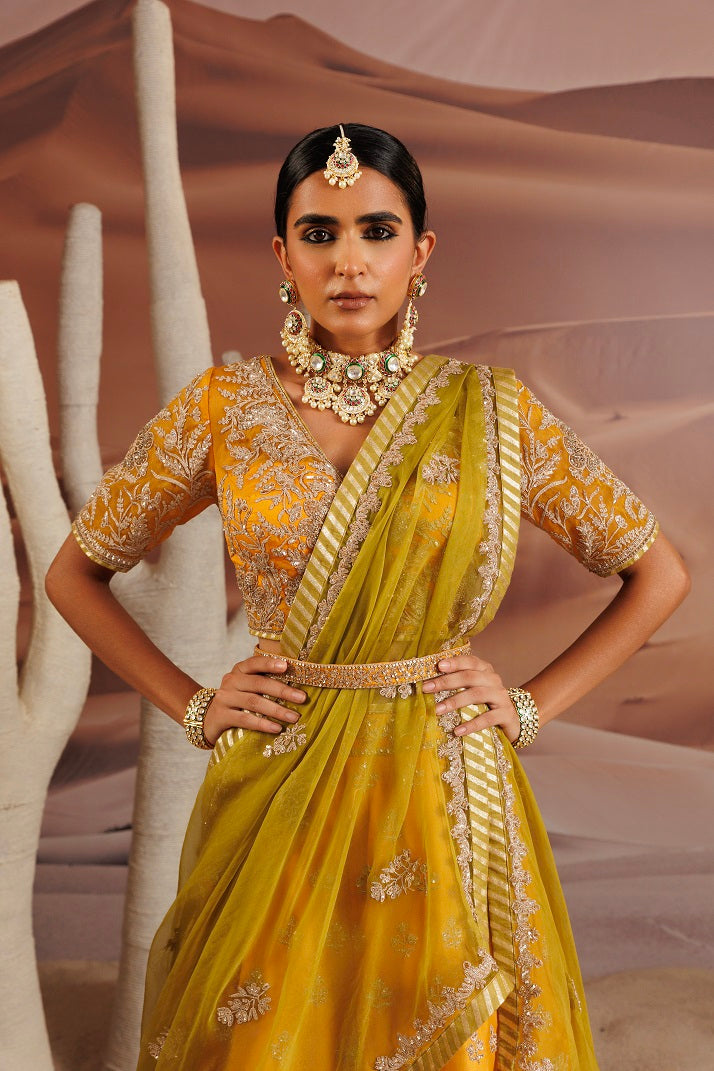 Organza yellow blouse and opada lehnga