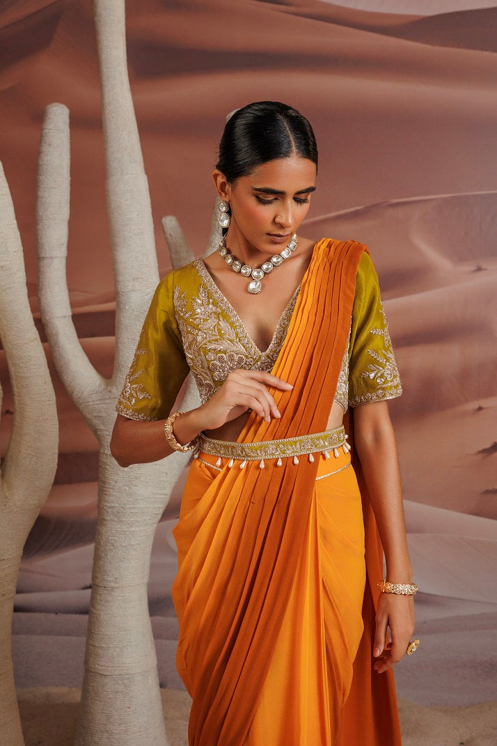 Ombre shsded yellow pre stitched drape sari