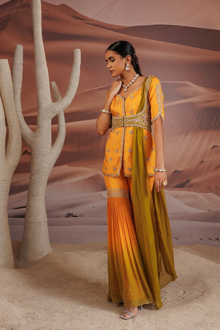 Opada silk short yellow kurti with half sleeve and a choli