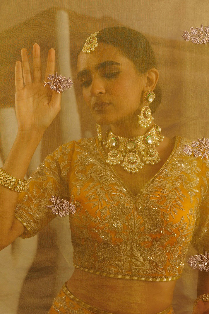 Organza yellow blouse and opada lehnga