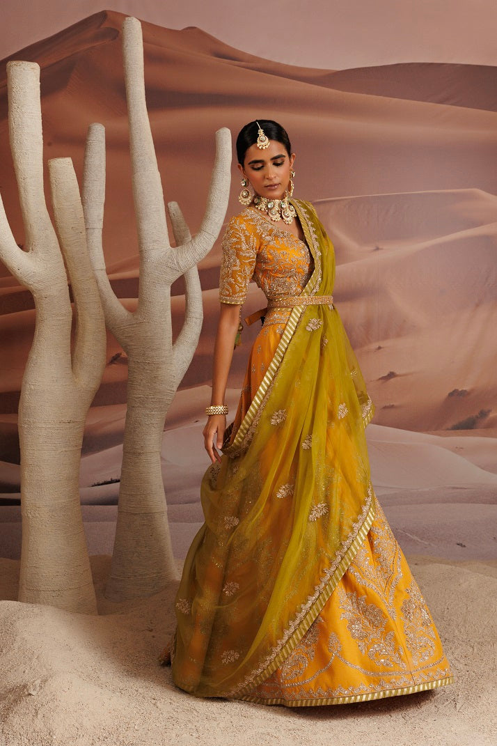 Organza yellow blouse and opada lehnga