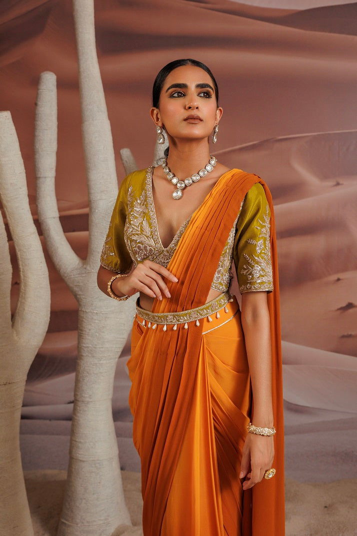 Ombre shsded yellow pre stitched drape sari
