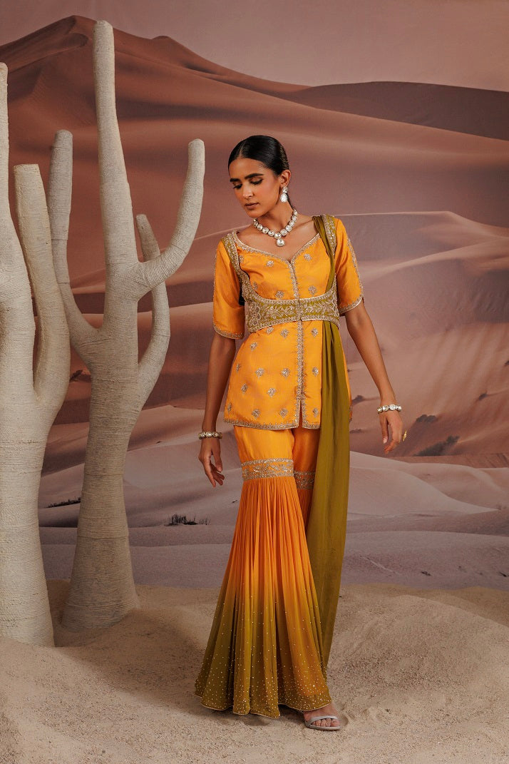 Opada silk short yellow kurti with half sleeve and a choli