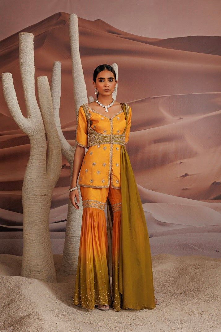 Opada silk short yellow kurti with half sleeve and a choli