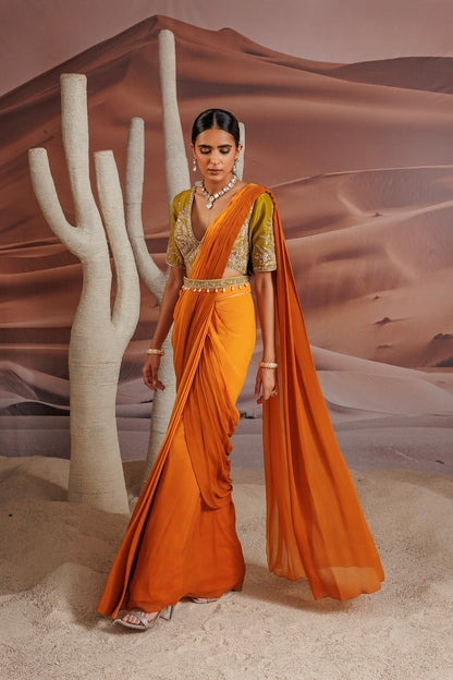 Ombre shsded yellow pre stitched drape sari