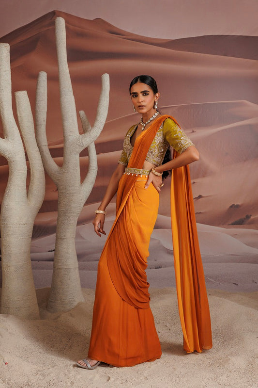 Ombre shsded yellow pre stitched drape sari