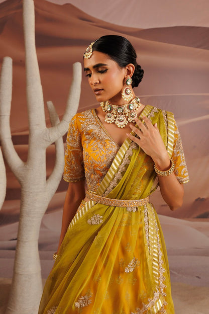 Organza yellow blouse and opada lehnga