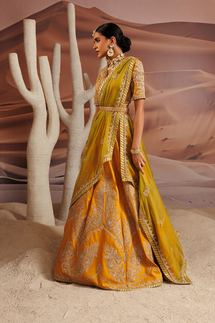 Organza yellow blouse and opada lehnga