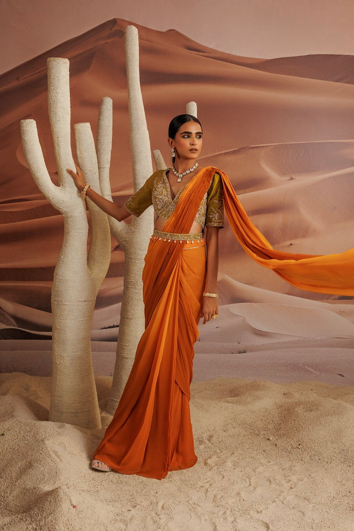 Ombre shsded yellow pre stitched drape sari