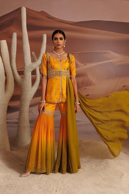 Opada silk short yellow kurti with half sleeve and a choli
