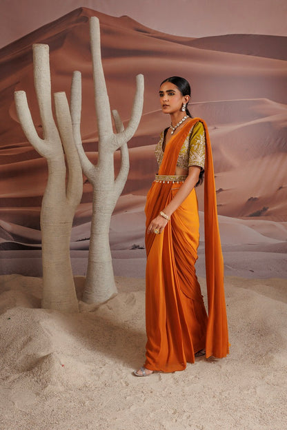 Ombre shsded yellow pre stitched drape sari