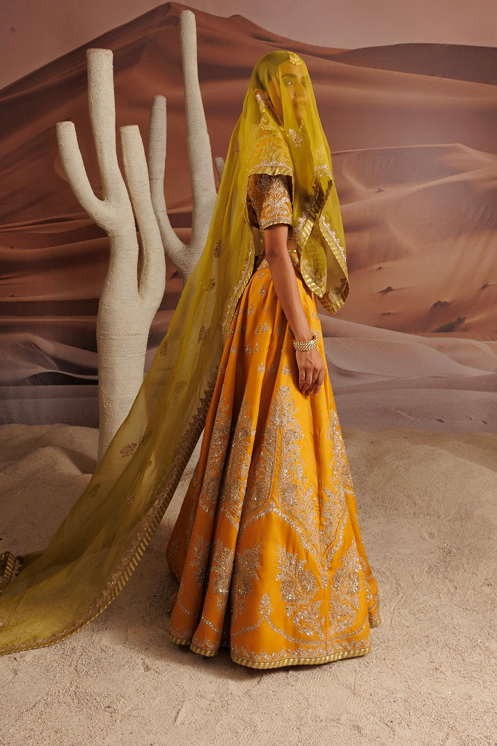 Organza yellow blouse and opada lehnga
