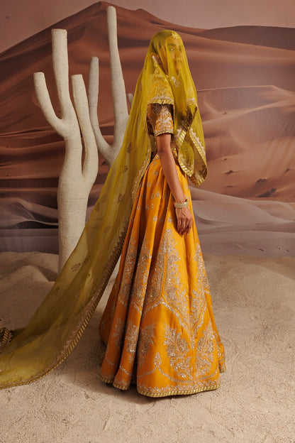 Organza yellow blouse and opada lehnga