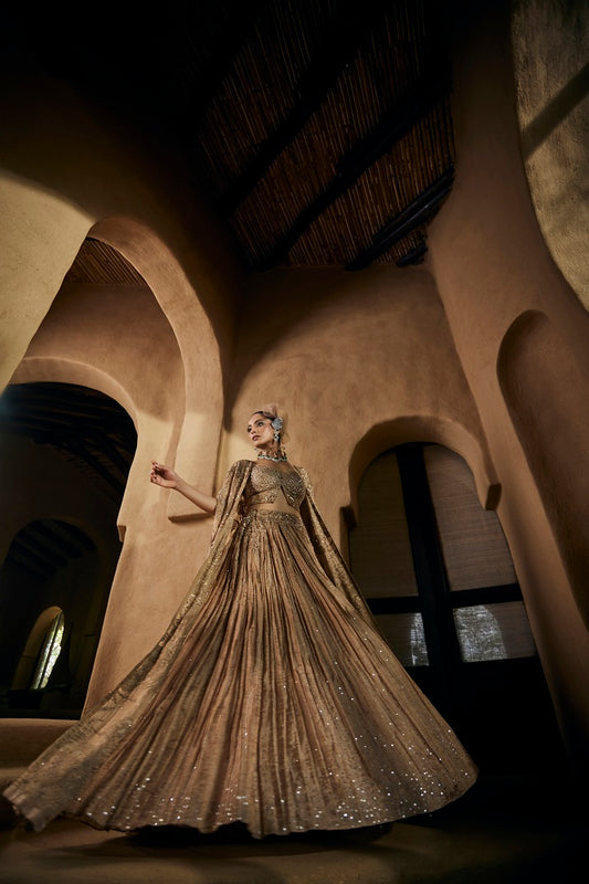 Beige gold tissue cape set with peplum blouse, pleated tissue skirt