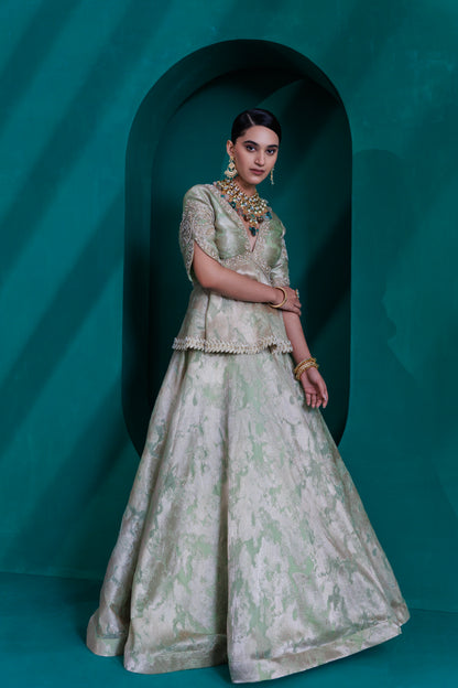 Mint green Jacquard zari organza  peplum blouse and skirt set