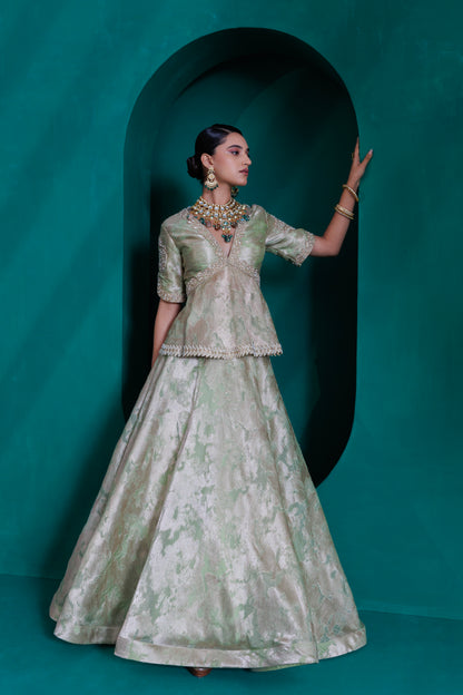 Mint green Jacquard zari organza  peplum blouse and skirt set