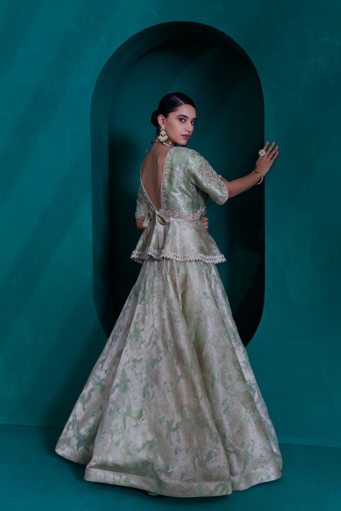 Mint green Jacquard zari organza  peplum blouse and skirt set