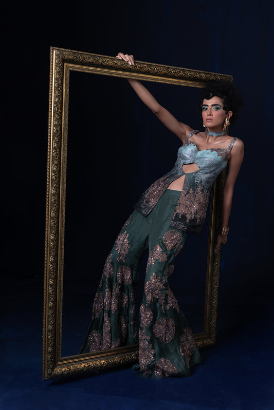 Aqua blue green ombre jacquard weave top