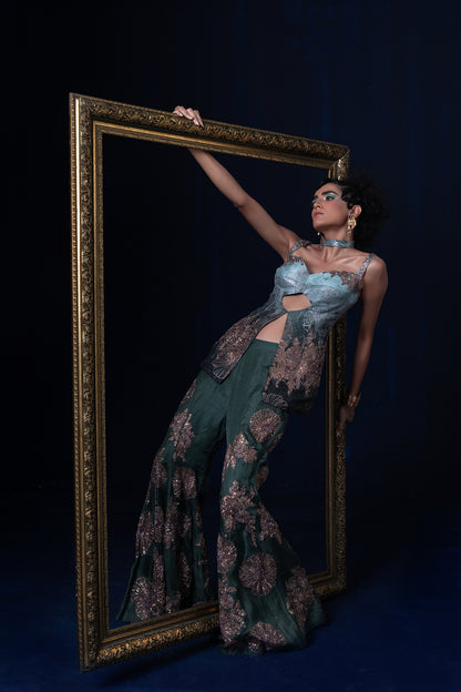Aqua blue green ombre jacquard weave top