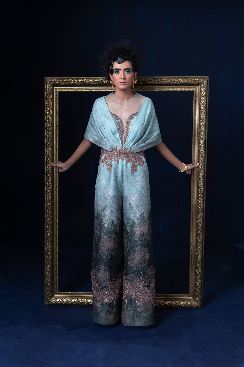 Aqua blue green ombre jacquard weave jumpsuit set