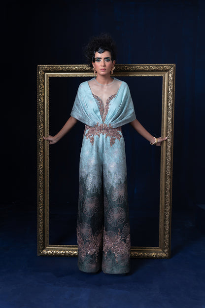 Aqua blue green ombre jacquard weave jumpsuit set