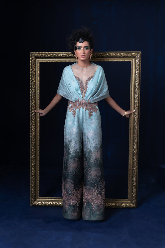 Aqua blue green ombre jacquard weave jumpsuit set