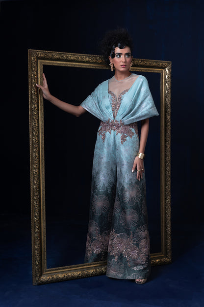Aqua blue green ombre jacquard weave jumpsuit set