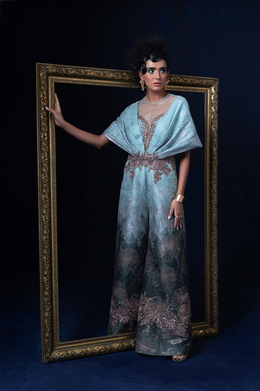 Aqua blue green ombre jacquard weave jumpsuit set