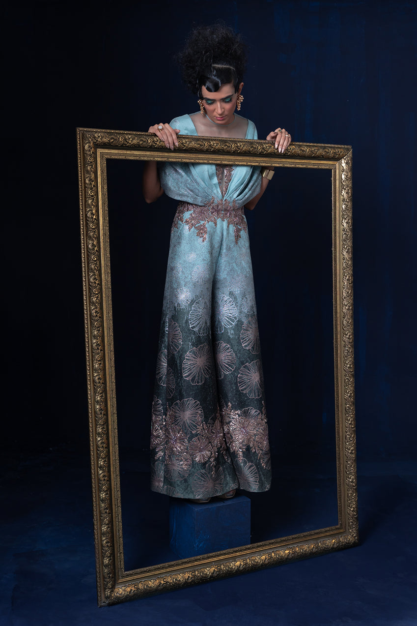 Aqua blue green ombre jacquard weave jumpsuit set