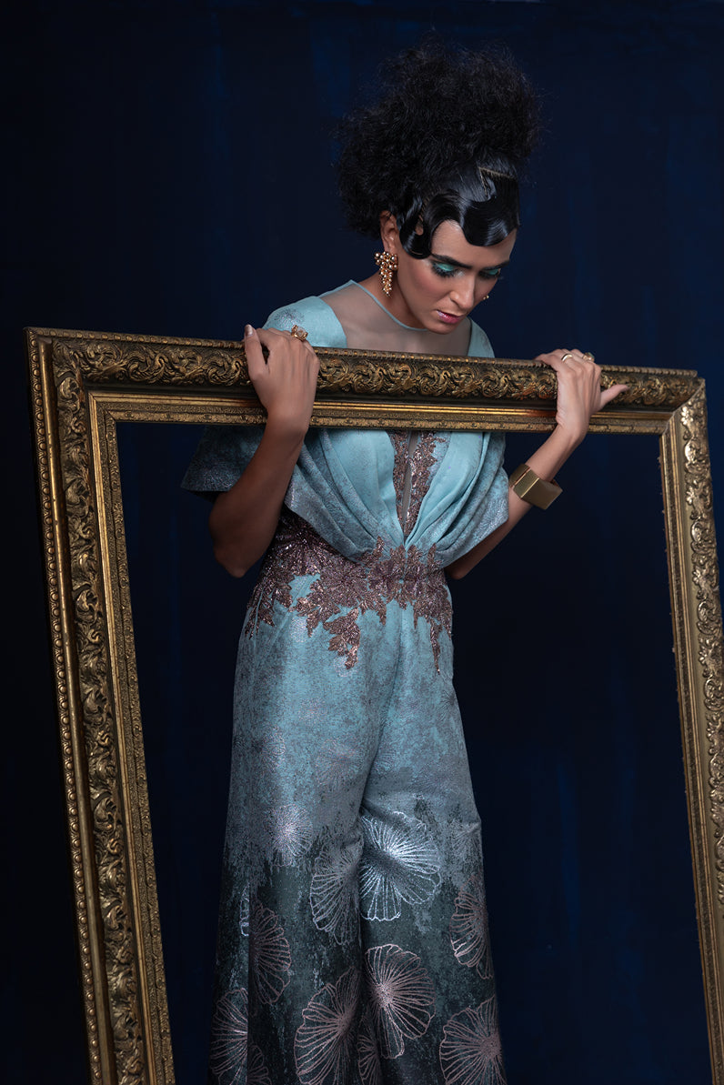 Aqua blue green ombre jacquard weave jumpsuit set