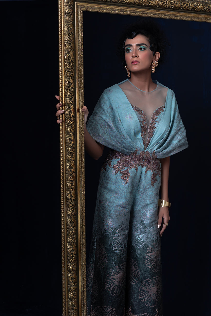 Aqua blue green ombre jacquard weave jumpsuit set