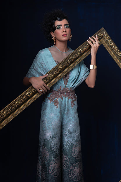 Aqua blue green ombre jacquard weave jumpsuit set