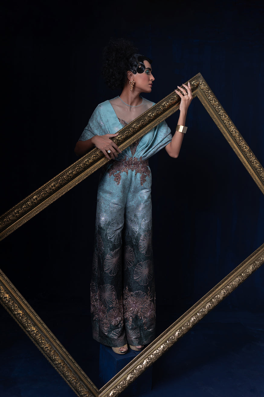 Aqua blue green ombre jacquard weave jumpsuit set