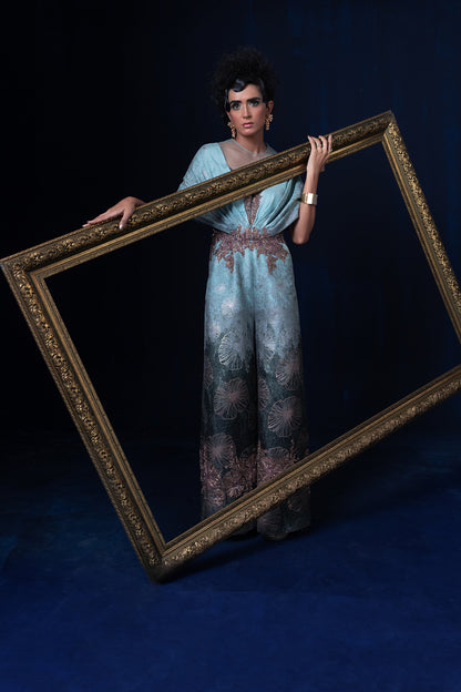 Aqua blue green ombre jacquard weave jumpsuit set