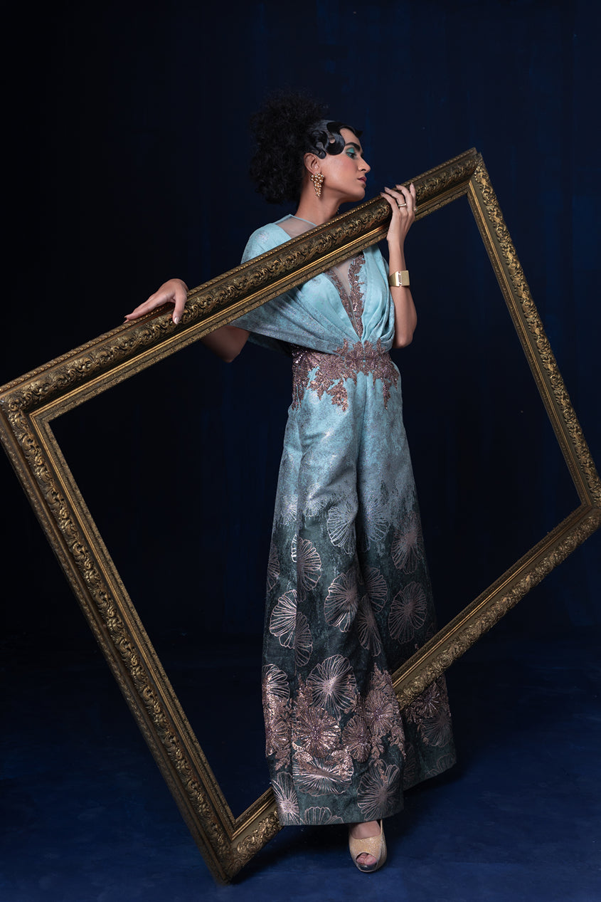 Aqua blue green ombre jacquard weave jumpsuit set