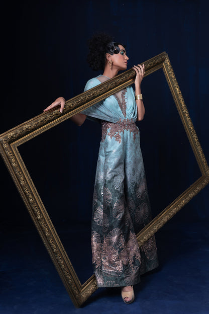 Aqua blue green ombre jacquard weave jumpsuit set
