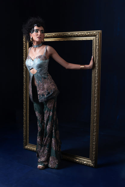 Aqua blue green ombre jacquard weave top