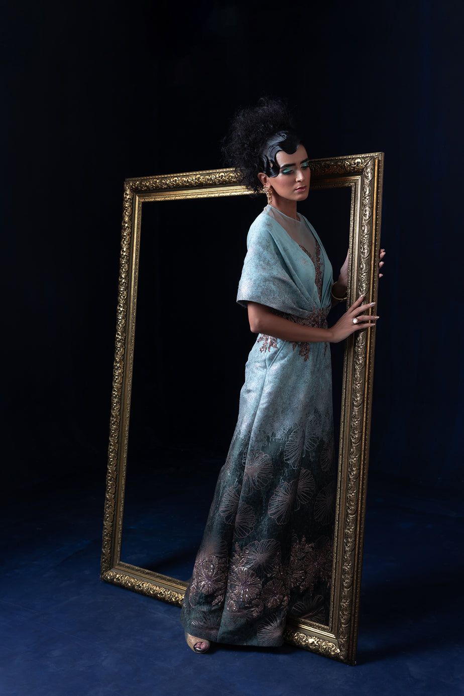 Aqua blue green ombre jacquard weave jumpsuit set