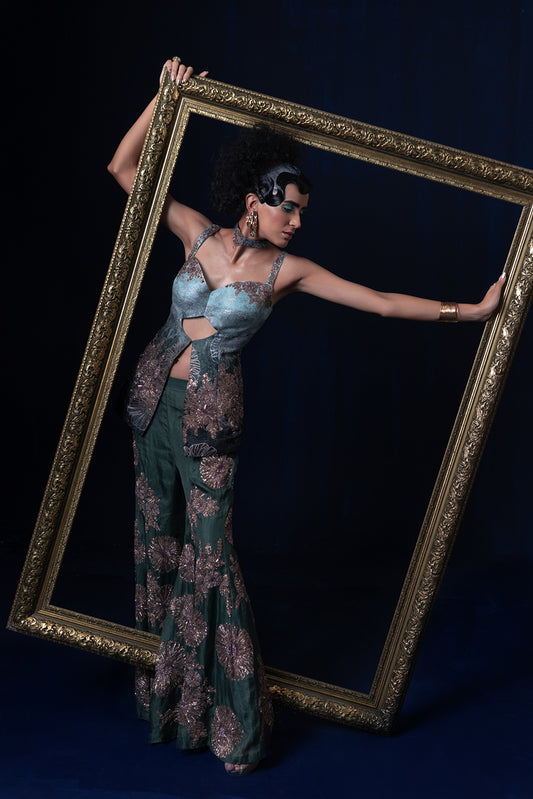 Aqua blue green ombre jacquard weave top